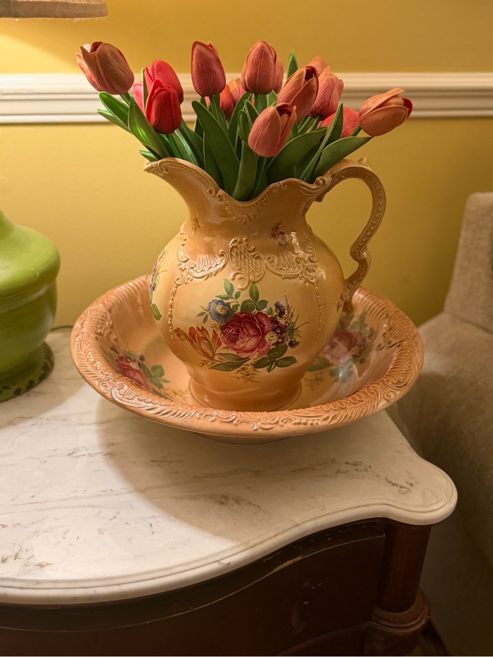 Decorative Peach Floral Pitcher and Basin Set with Red Tulips